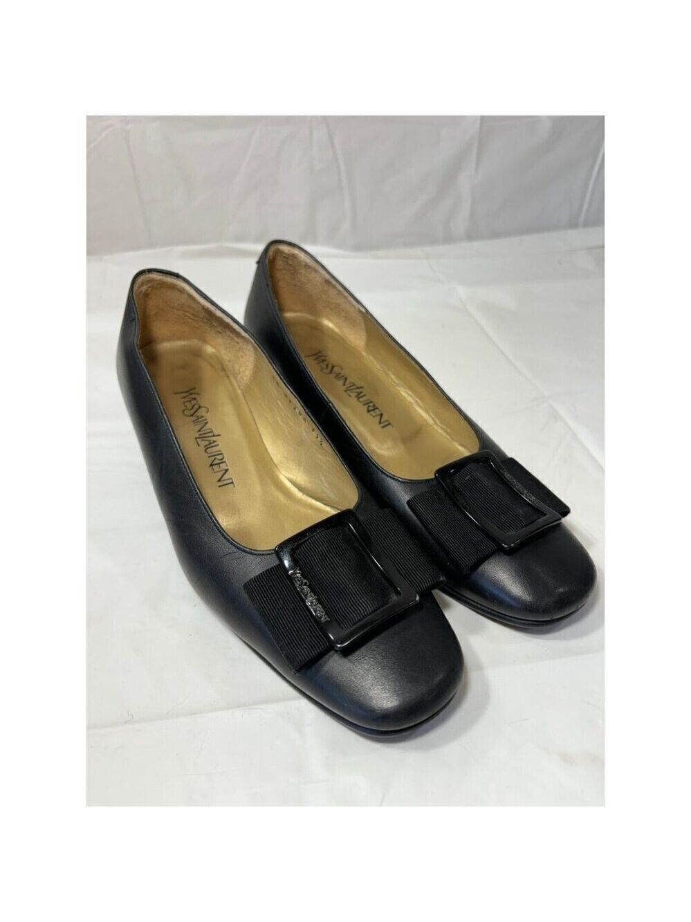 Yves Saint Laurent Black square bow Leather loafer Heels Buckle Size 5.5
